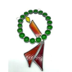 Vintage Christmas -Stained glass Wreath and candle sun catcher‎ 9”